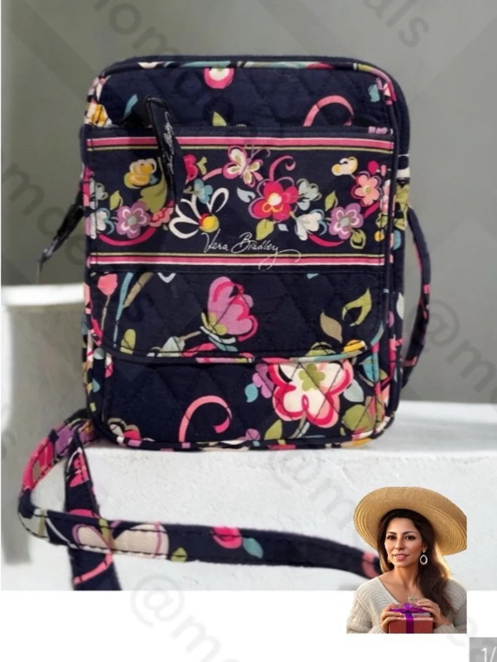 Vera Bradley Mini Hipster Navy Floral Quilted Crossbody in Ribbons Retired EUC